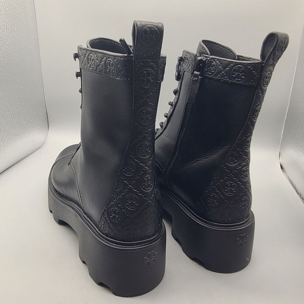Tory Burch Women's BOOTS Combat  Black leather  T Monogram Lug Ankle  Sz 8.5 NEW - Picture 7 of 11